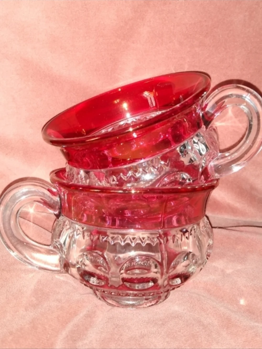4 Cups Heavy Vintage Kings Crown Ruby Red Flash Thumbprint Coffee Cup Set Tiffin
